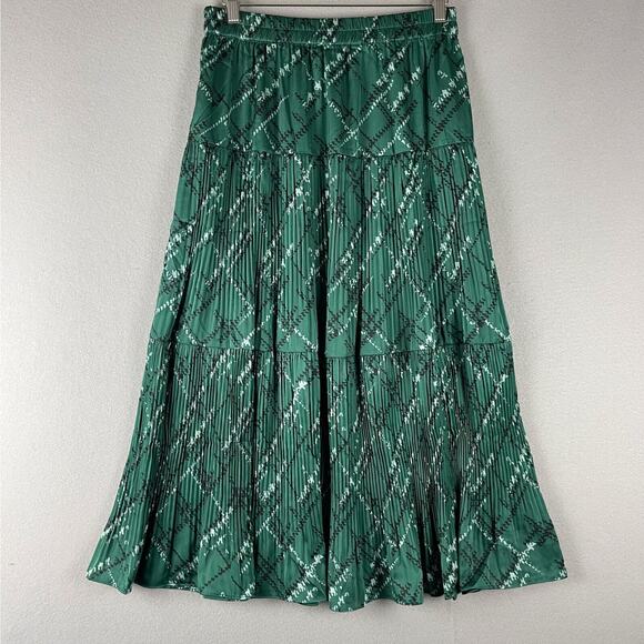 Current Air Dresses & Skirts - Current Air Pleated Midi Skirt Womens Large Green Plaid Tiered Pull On Flowy